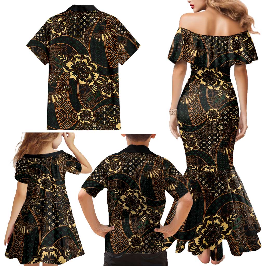Indonesian Batik Pattern Vintage Brown Family Matching Mermaid Dress and Hawaiian Shirt