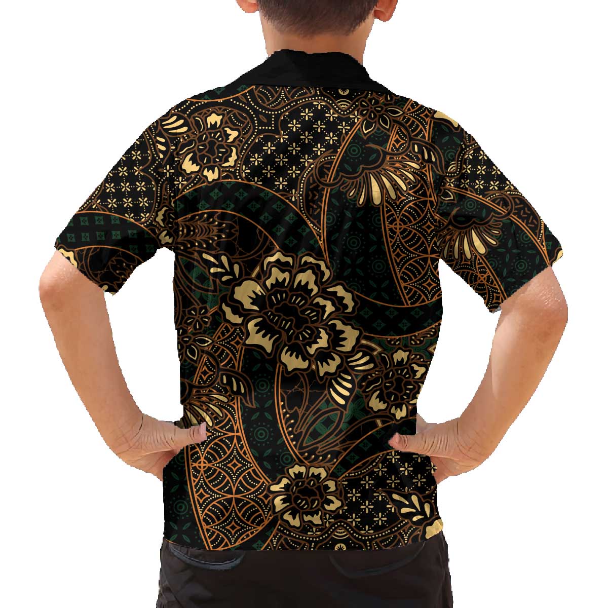 Indonesian Batik Pattern Vintage Brown Family Matching Off The Shoulder Long Sleeve Dress and Hawaiian Shirt