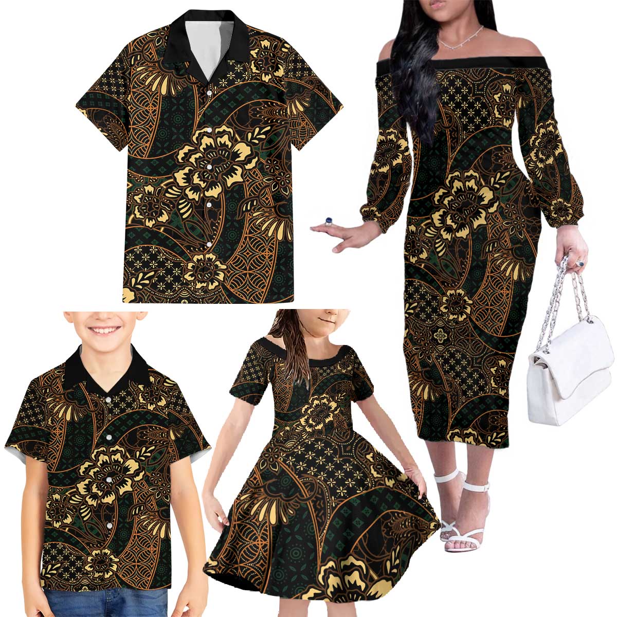 Indonesian Batik Pattern Vintage Brown Family Matching Off The Shoulder Long Sleeve Dress and Hawaiian Shirt
