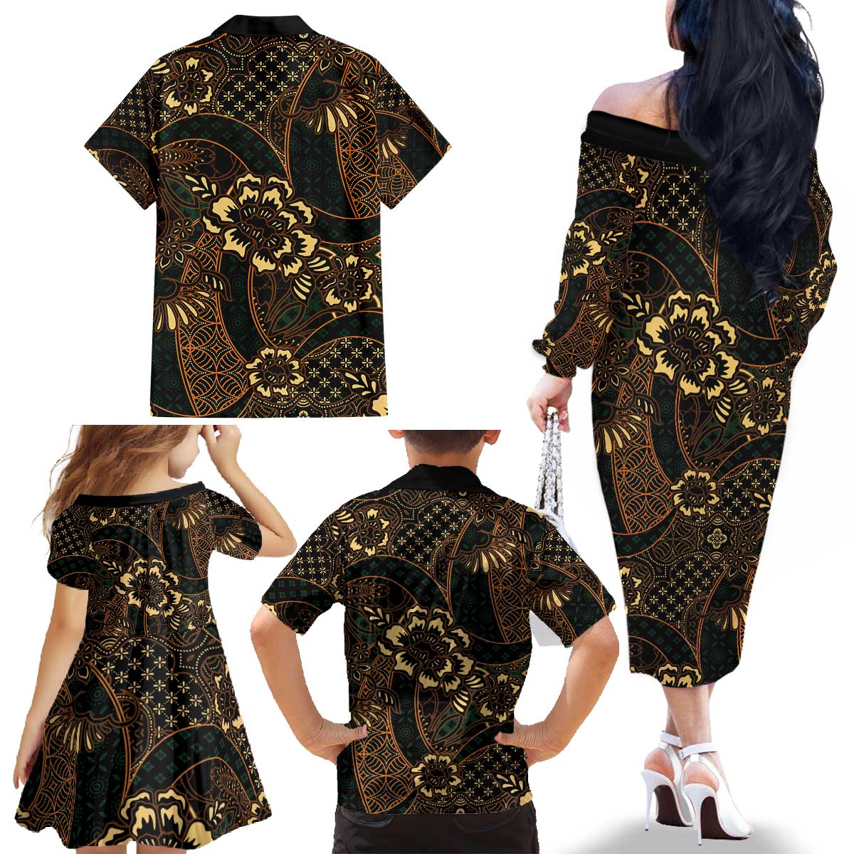 Indonesian Batik Pattern Vintage Brown Family Matching Off The Shoulder Long Sleeve Dress and Hawaiian Shirt