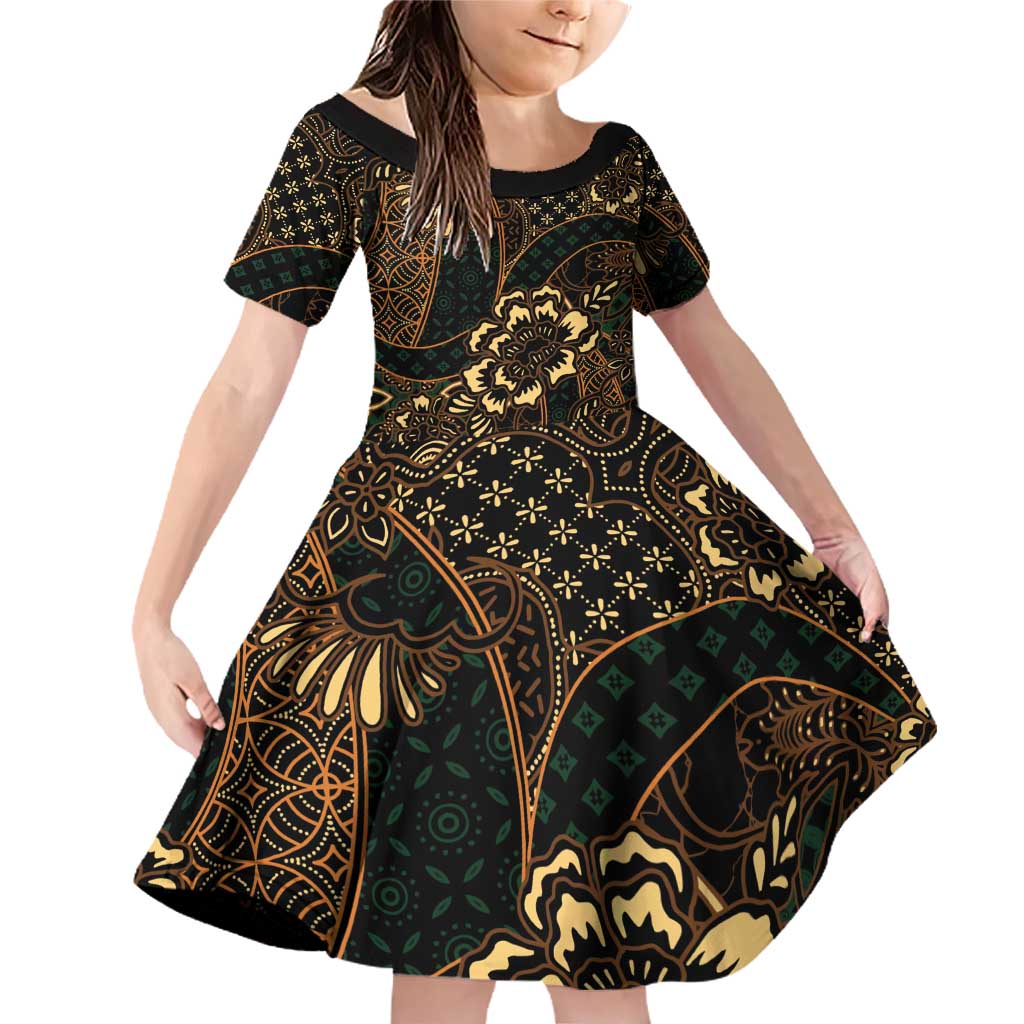 Indonesian Batik Pattern Vintage Brown Family Matching Off Shoulder Short Dress and Hawaiian Shirt