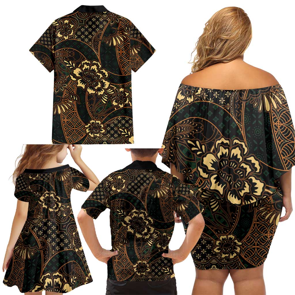 Indonesian Batik Pattern Vintage Brown Family Matching Off Shoulder Short Dress and Hawaiian Shirt