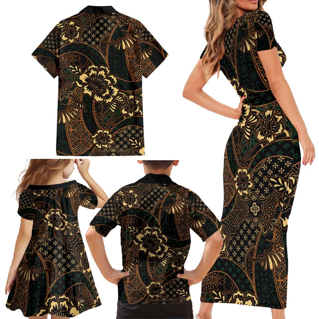 Indonesian Batik Pattern Vintage Brown Family Matching Short Sleeve Bodycon Dress and Hawaiian Shirt
