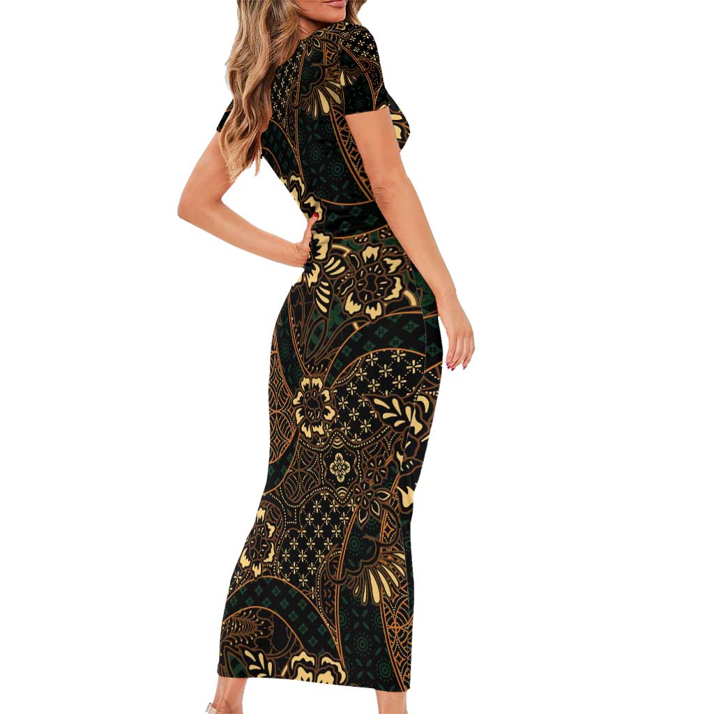Indonesian Batik Pattern Vintage Brown Family Matching Short Sleeve Bodycon Dress and Hawaiian Shirt