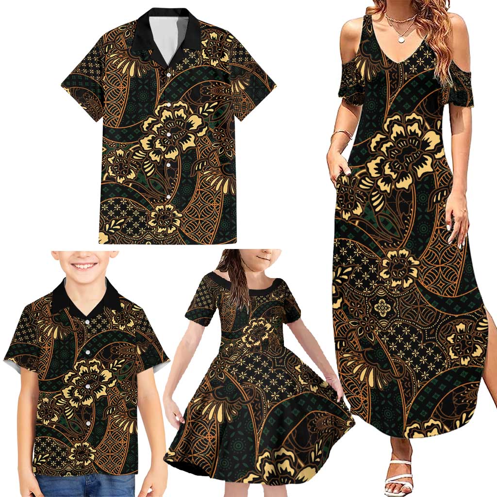 Indonesian Batik Pattern Vintage Brown Family Matching Summer Maxi Dress and Hawaiian Shirt