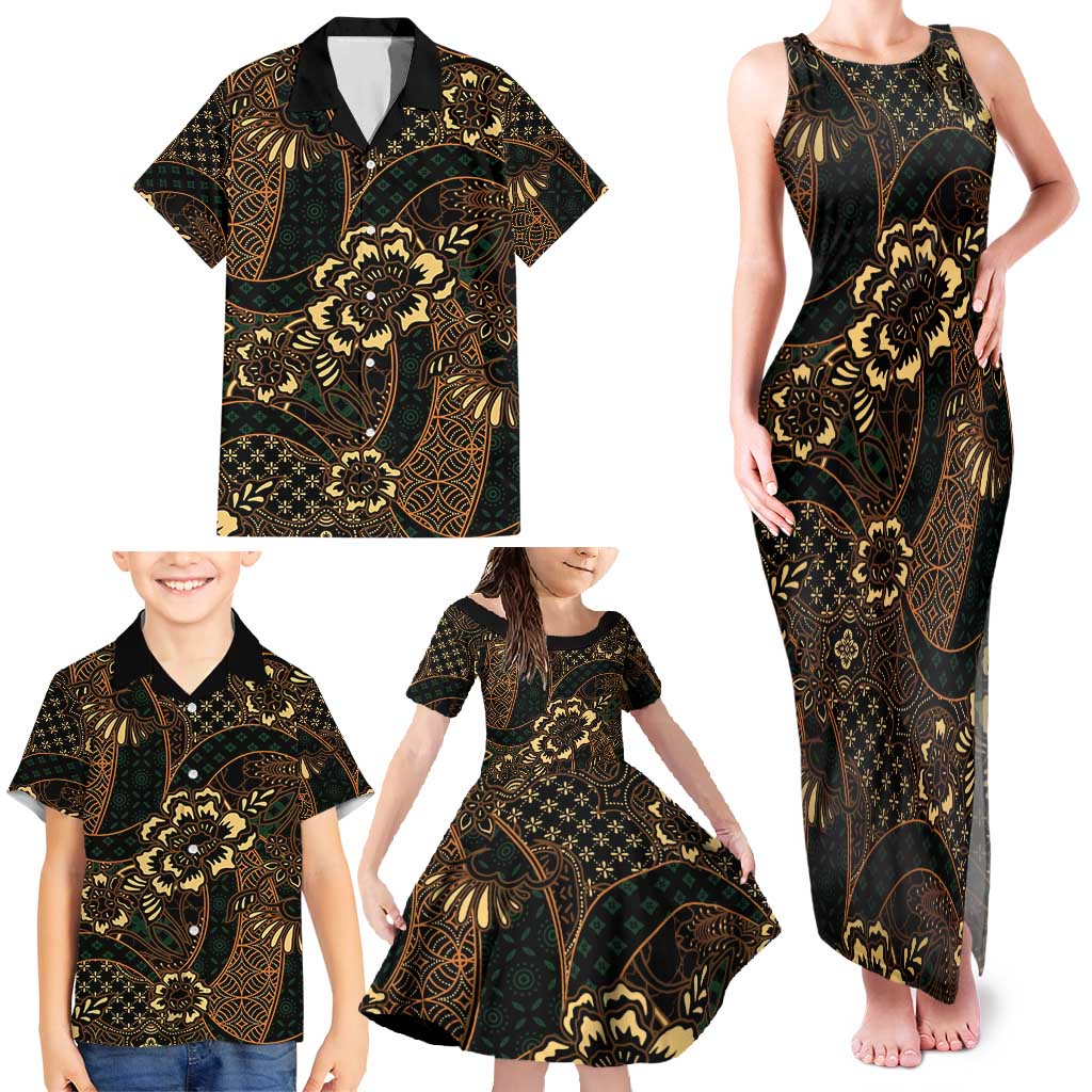 Indonesian Batik Pattern Vintage Brown Family Matching Tank Maxi Dress and Hawaiian Shirt