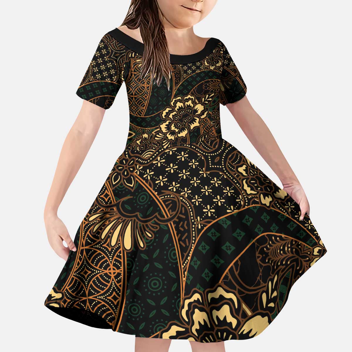 Indonesian Batik Pattern Vintage Brown Kid Short Sleeve Dress