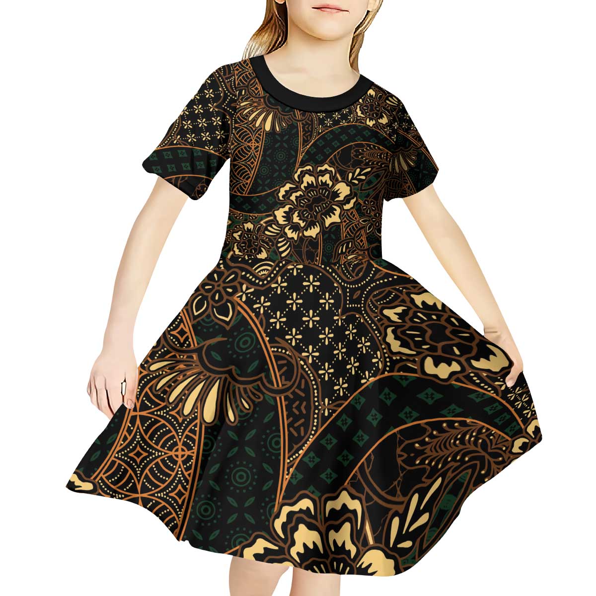 Indonesian Batik Pattern Vintage Brown Kid Short Sleeve Dress