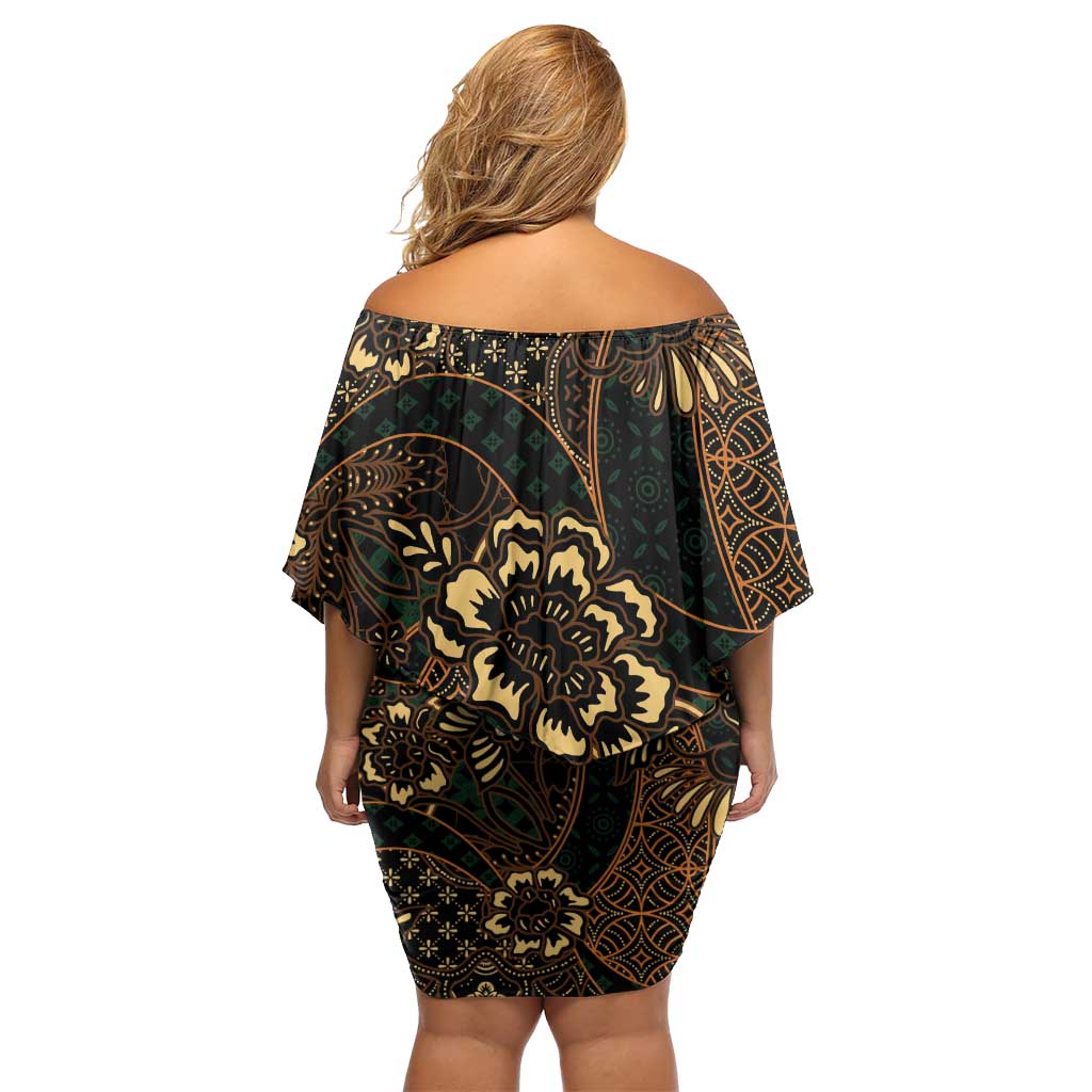 Indonesian Batik Pattern Vintage Brown Off Shoulder Short Dress