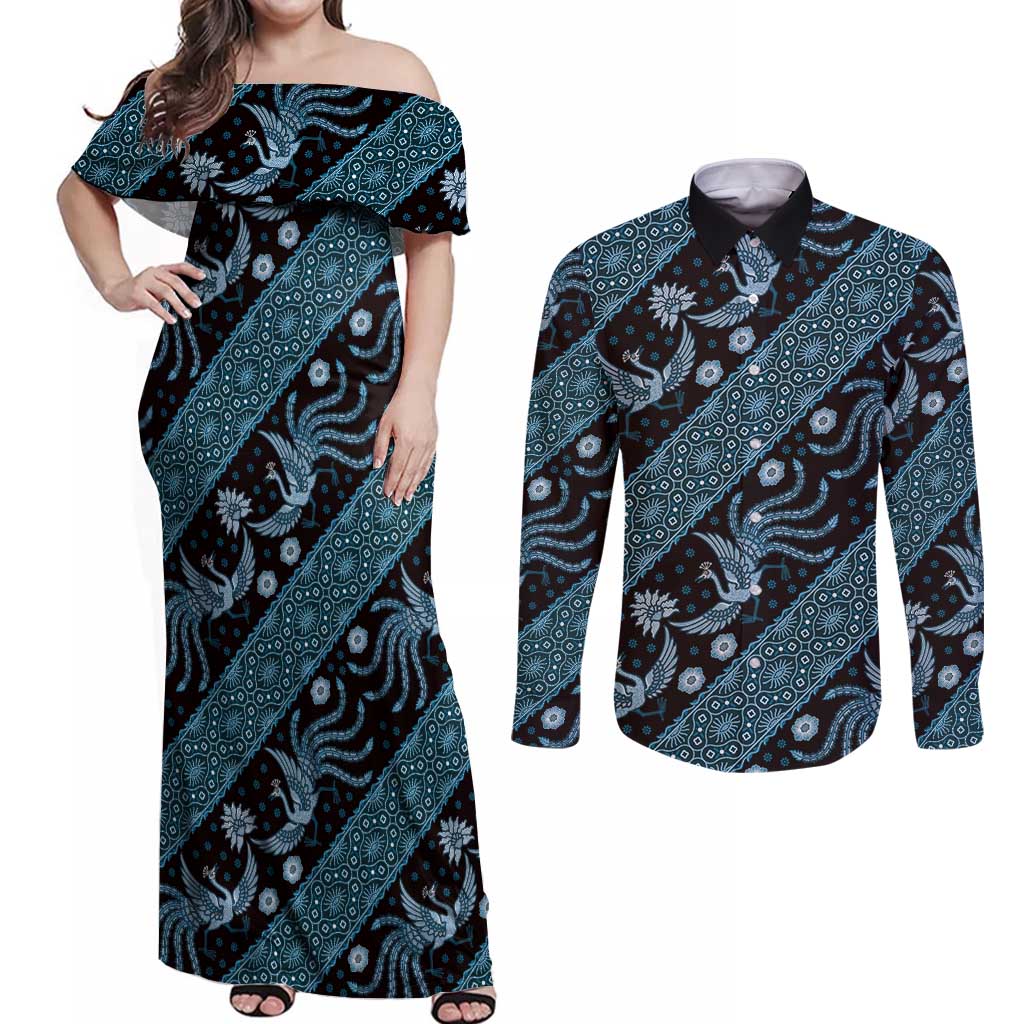 Indonesia Batik Pattern Couples Matching Off Shoulder Maxi Dress and Long Sleeve Button Shirt Blue Version