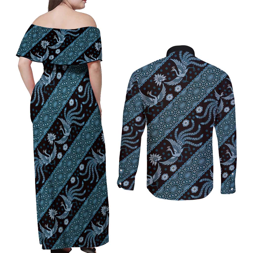 Indonesia Batik Pattern Couples Matching Off Shoulder Maxi Dress and Long Sleeve Button Shirt Blue Version