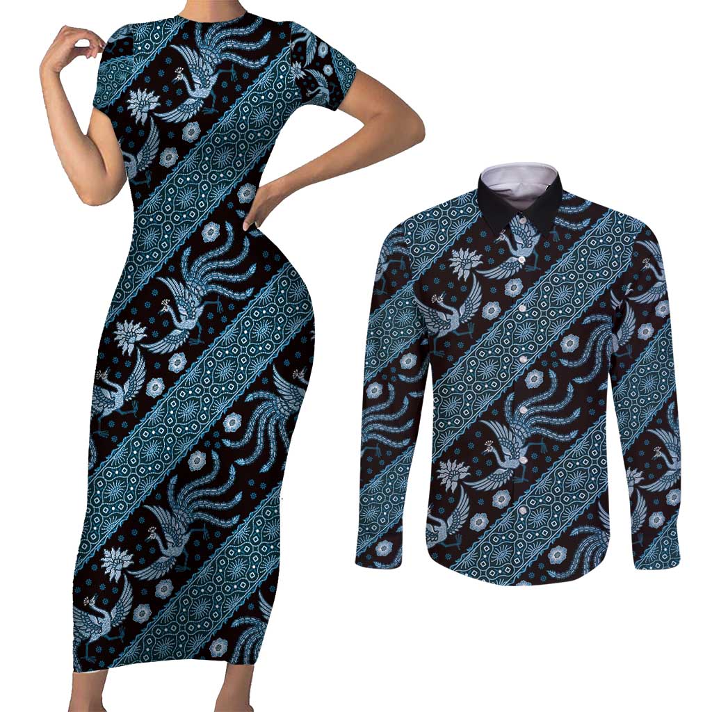 Indonesia Batik Pattern Couples Matching Short Sleeve Bodycon Dress and Long Sleeve Button Shirt Blue Version