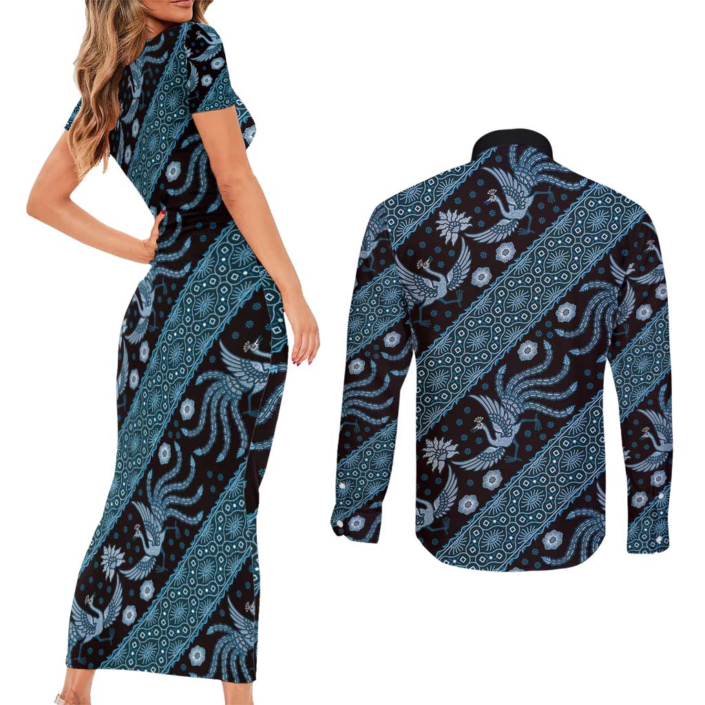 Indonesia Batik Pattern Couples Matching Short Sleeve Bodycon Dress and Long Sleeve Button Shirt Blue Version