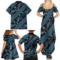 Indonesia Batik Pattern Family Matching Summer Maxi Dress and Hawaiian Shirt Blue Version