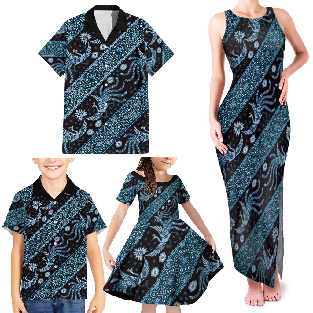 Indonesia Batik Pattern Family Matching Tank Maxi Dress and Hawaiian Shirt Blue Version