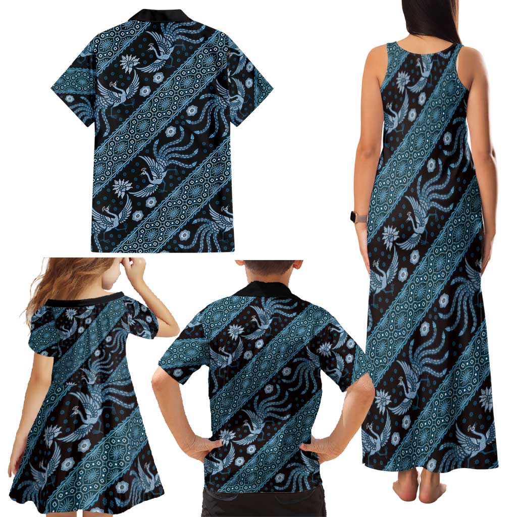 Indonesia Batik Pattern Family Matching Tank Maxi Dress and Hawaiian Shirt Blue Version