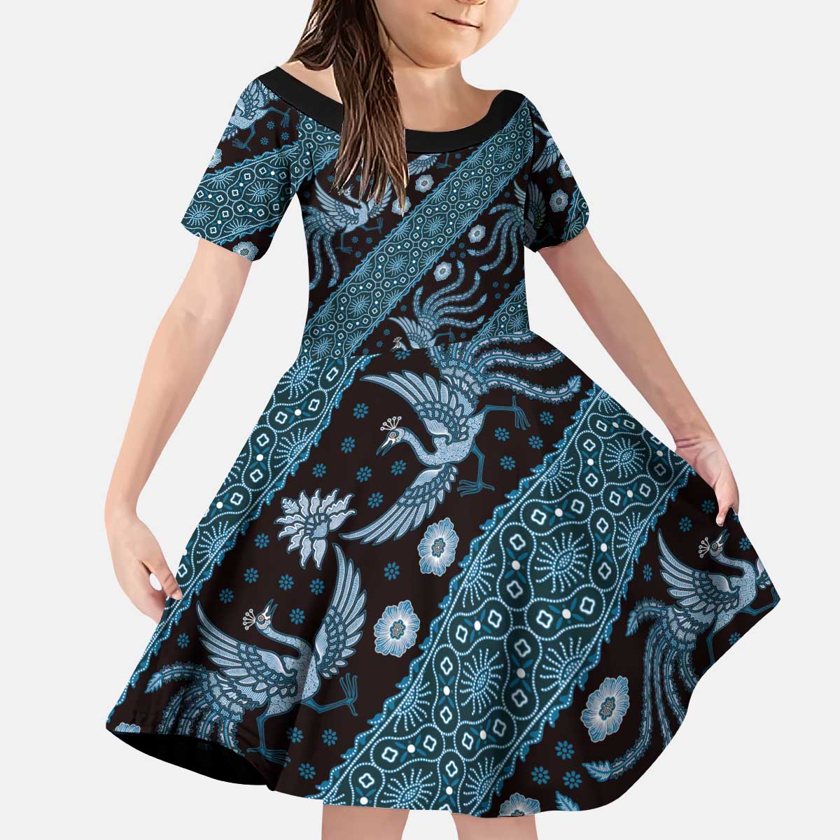 Indonesia Batik Pattern Kid Short Sleeve Dress Blue Version