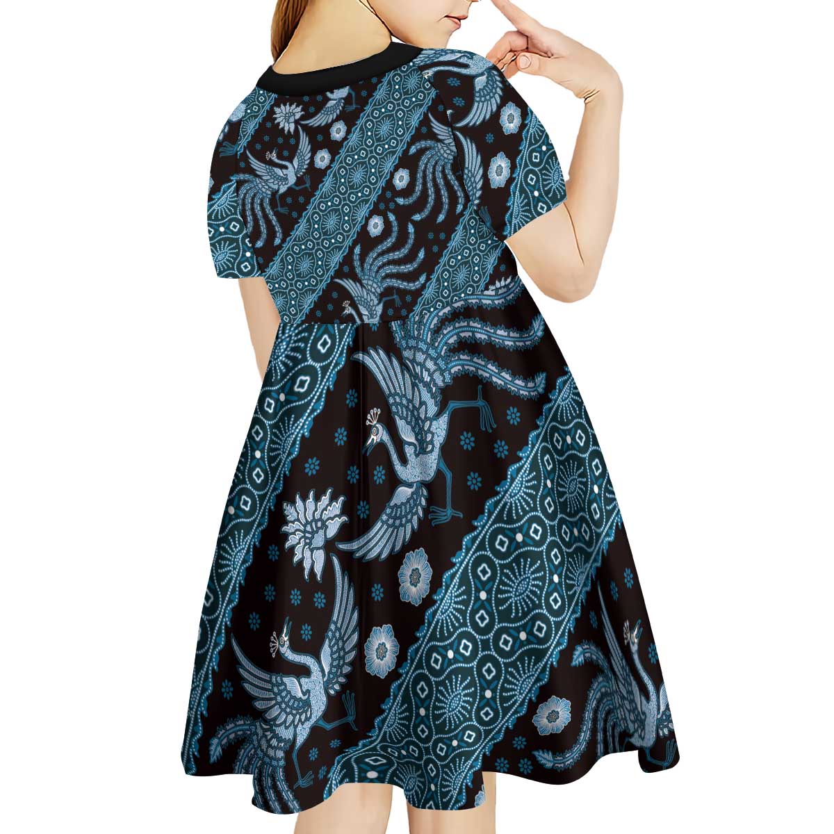 Indonesia Batik Pattern Kid Short Sleeve Dress Blue Version