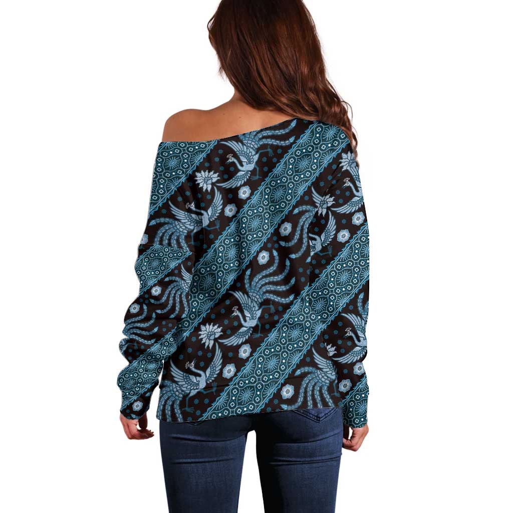 Indonesia Batik Pattern Off Shoulder Sweater Blue Version