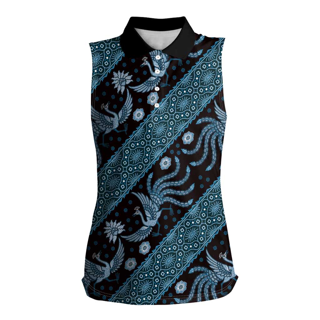 Indonesia Batik Pattern Women Sleeveless Polo Shirt Blue Version