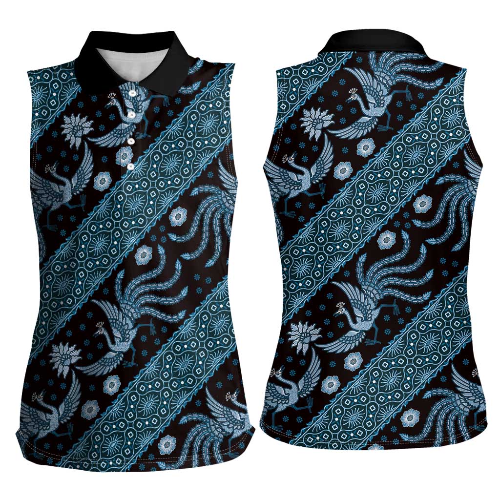 Indonesia Batik Pattern Women Sleeveless Polo Shirt Blue Version
