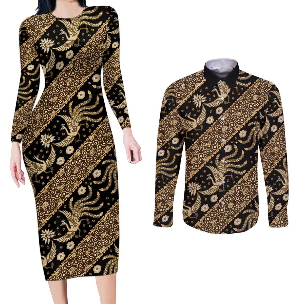 Indonesia Batik Pattern Couples Matching Long Sleeve Bodycon Dress and Long Sleeve Button Shirt Gold Version