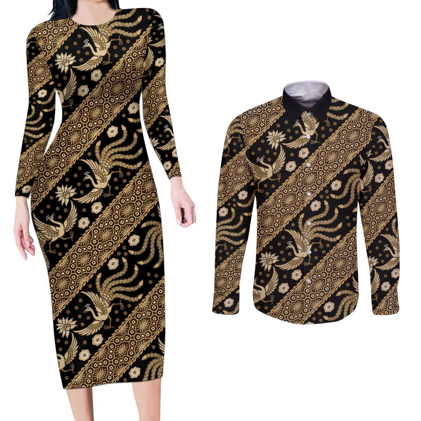 Indonesia Batik Pattern Couples Matching Long Sleeve Bodycon Dress and Long Sleeve Button Shirt Gold Version