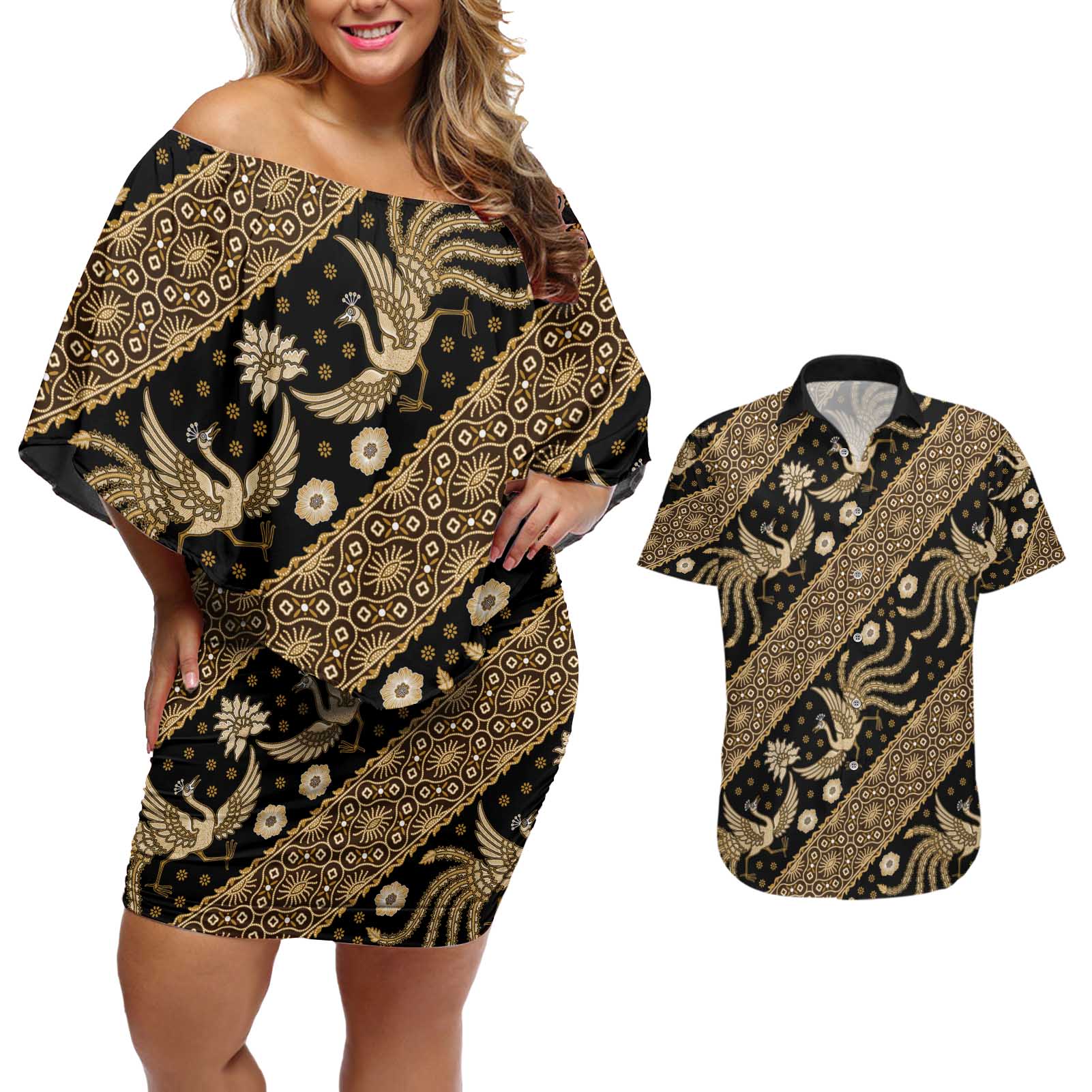 Indonesia Batik Pattern Couples Matching Off Shoulder Short Dress and Hawaiian Shirt Gold Version