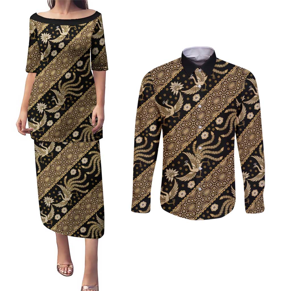 Indonesia Batik Pattern Couples Matching Puletasi and Long Sleeve Button Shirt Gold Version