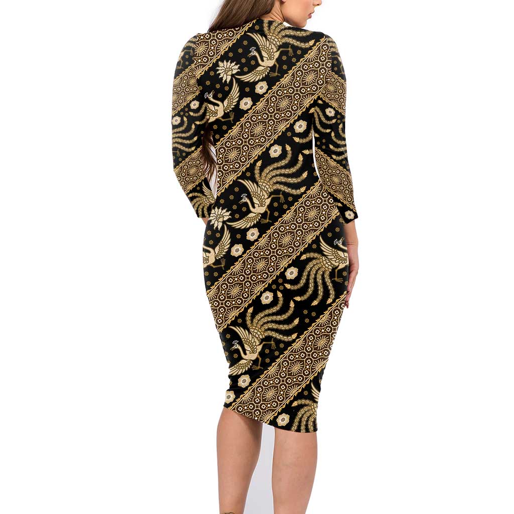 Indonesia Batik Pattern Family Matching Long Sleeve Bodycon Dress and Hawaiian Shirt Gold Version