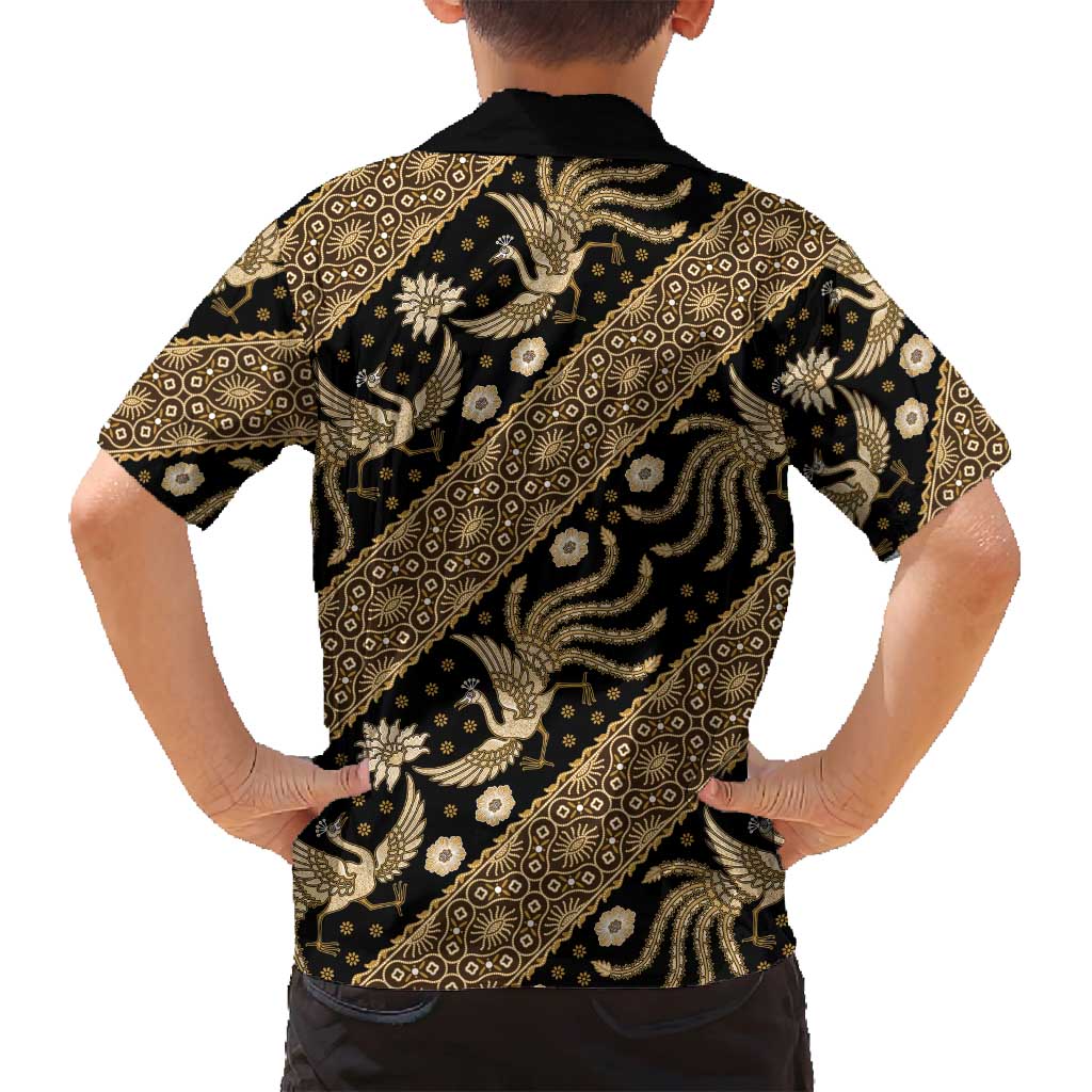 Indonesia Batik Pattern Family Matching Off Shoulder Maxi Dress and Hawaiian Shirt Gold Version