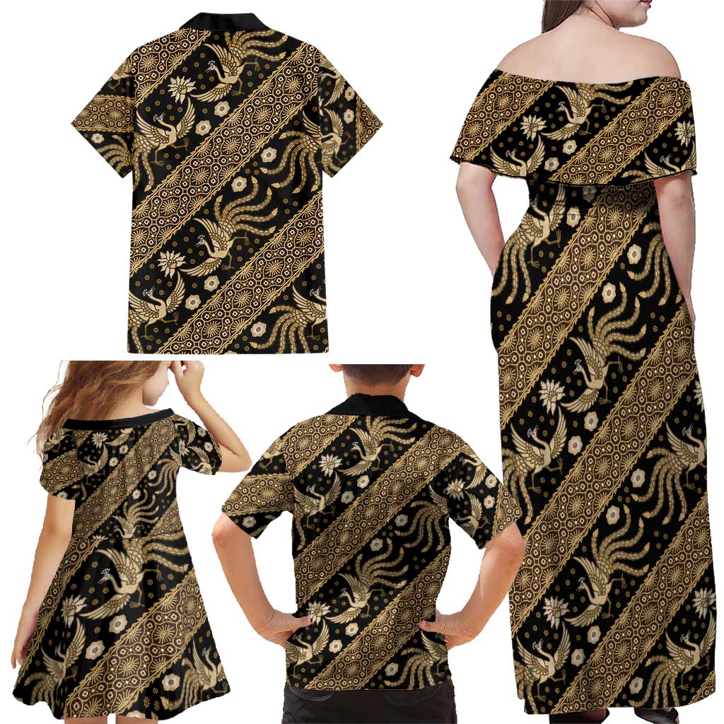 Indonesia Batik Pattern Family Matching Off Shoulder Maxi Dress and Hawaiian Shirt Gold Version