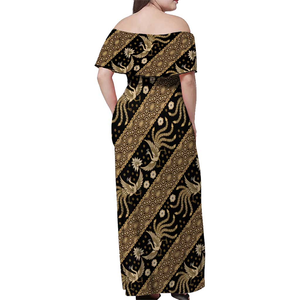 Indonesia Batik Pattern Family Matching Off Shoulder Maxi Dress and Hawaiian Shirt Gold Version
