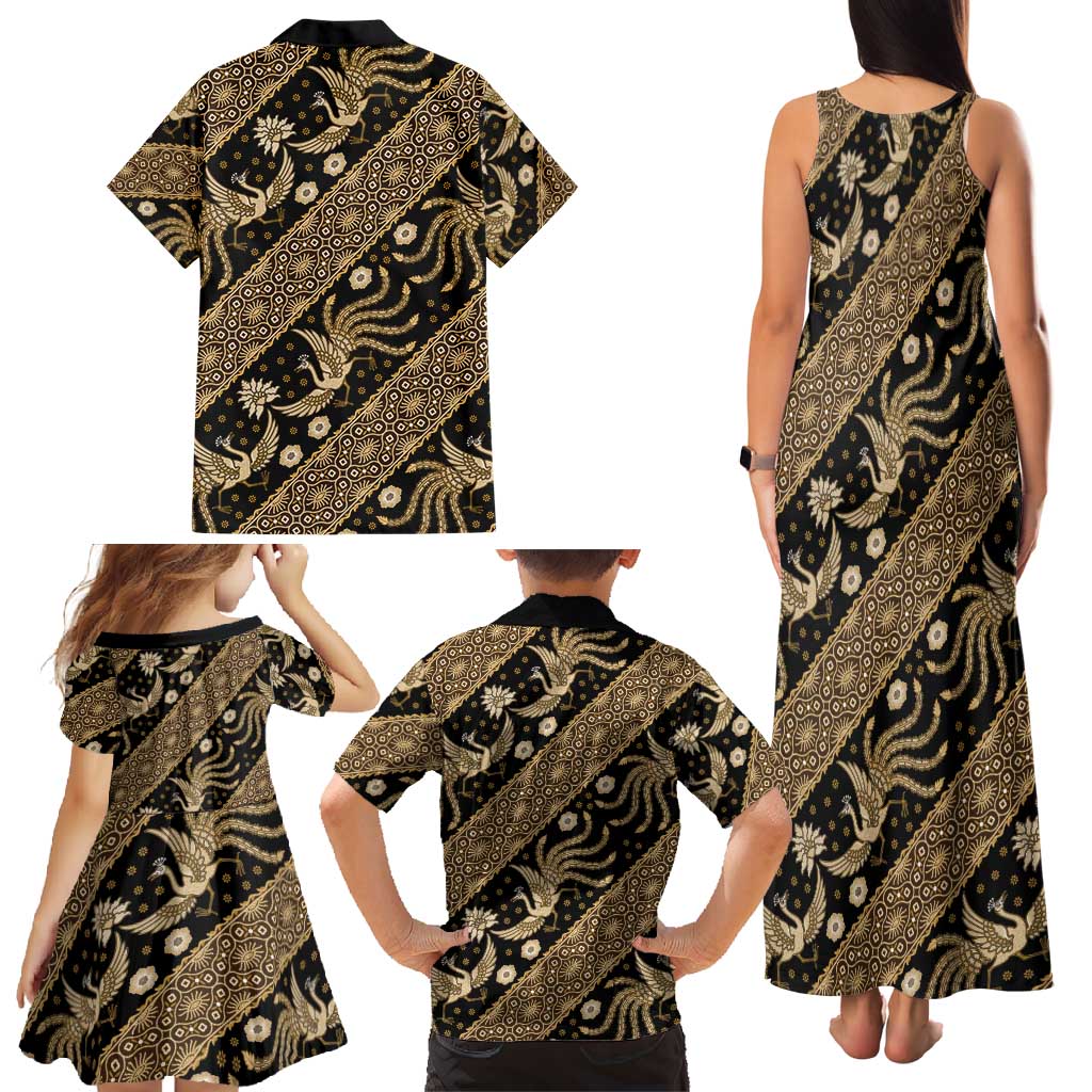 Indonesia Batik Pattern Family Matching Tank Maxi Dress and Hawaiian Shirt Gold Version