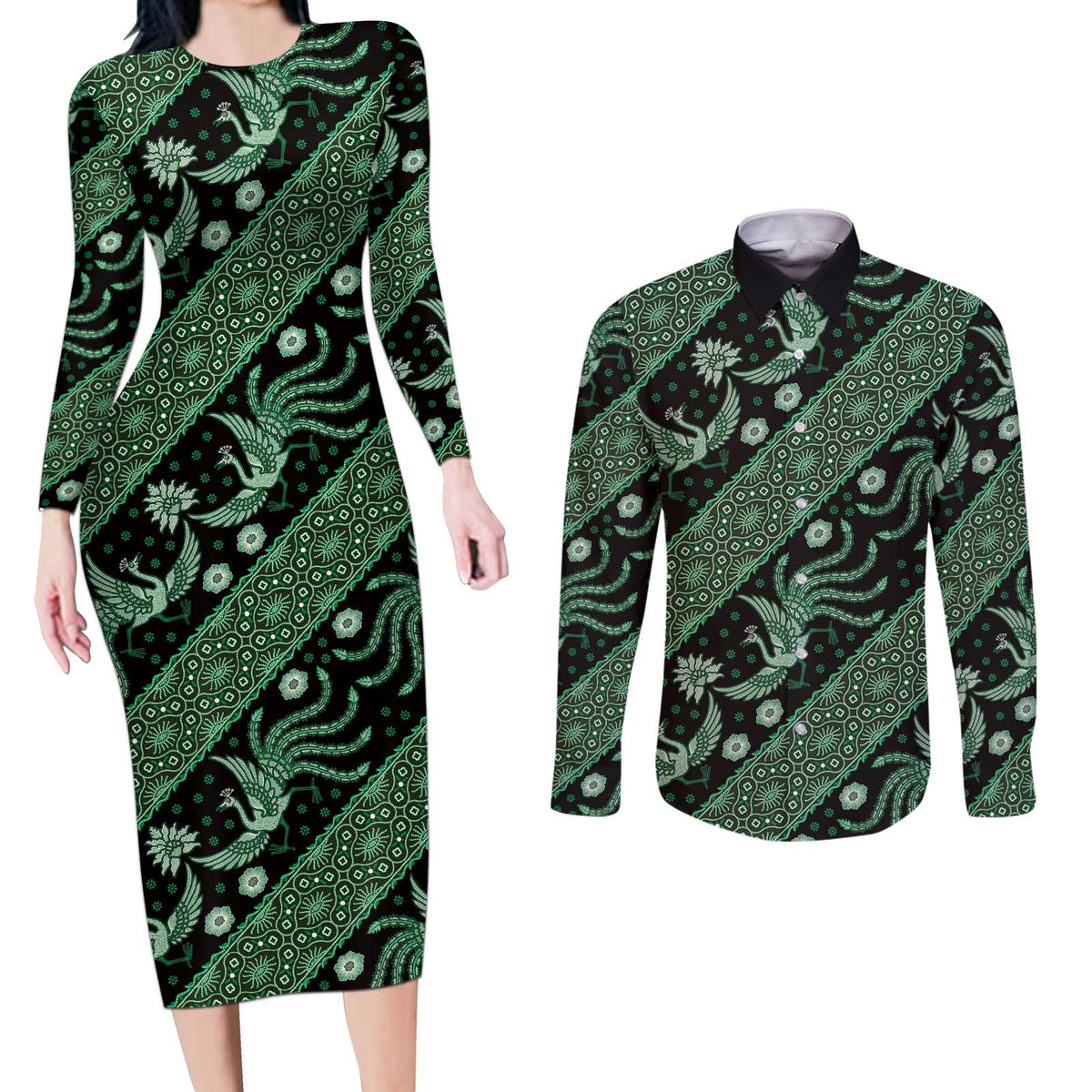 Indonesia Batik Pattern Couples Matching Long Sleeve Bodycon Dress and Long Sleeve Button Shirt Green Version
