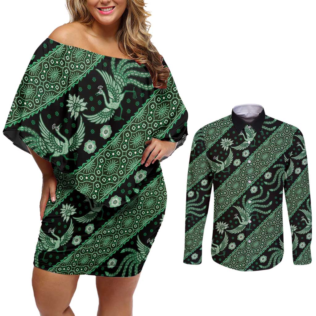 Indonesia Batik Pattern Couples Matching Off Shoulder Short Dress and Long Sleeve Button Shirt Green Version