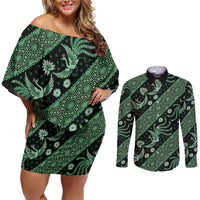 Indonesia Batik Pattern Couples Matching Off Shoulder Short Dress and Long Sleeve Button Shirt Green Version
