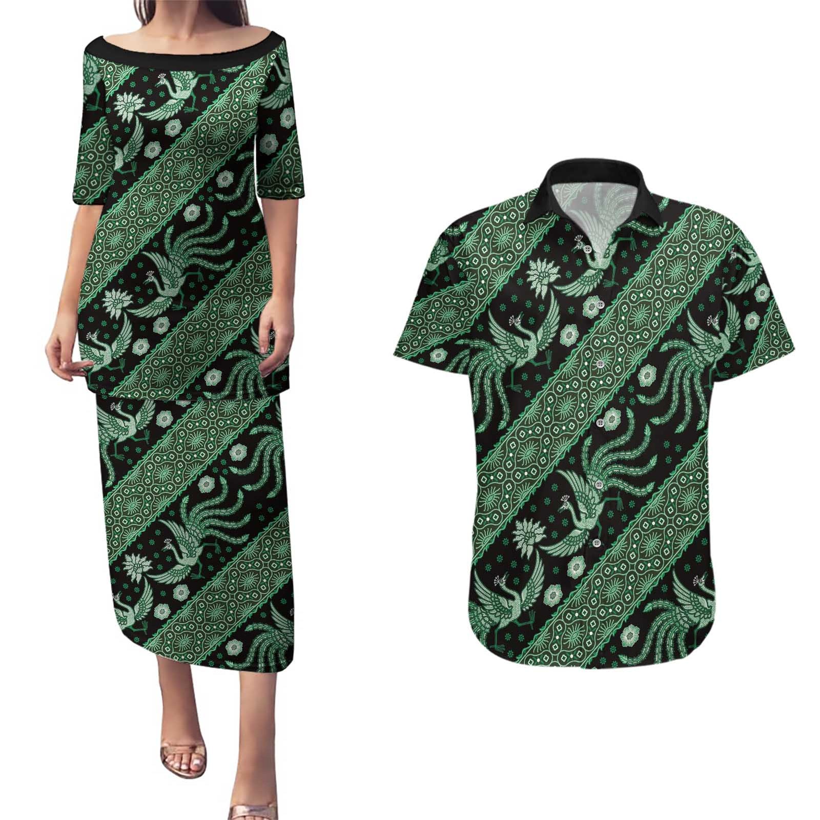 Indonesia Batik Pattern Couples Matching Puletasi and Hawaiian Shirt Green Version