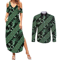 Indonesia Batik Pattern Couples Matching Summer Maxi Dress and Long Sleeve Button Shirt Green Version