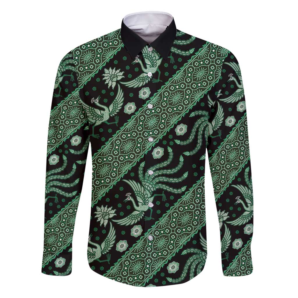 Indonesia Batik Pattern Family Matching Long Sleeve Bodycon Dress and Hawaiian Shirt Green Version