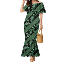 Indonesia Batik Pattern Family Matching Mermaid Dress and Hawaiian Shirt Green Version
