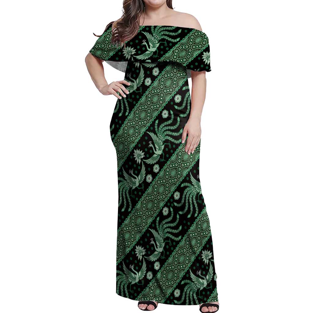 Indonesia Batik Pattern Off Shoulder Maxi Dress Green Version
