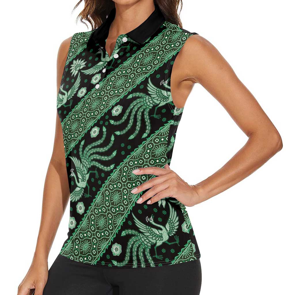 Indonesia Batik Pattern Women Sleeveless Polo Shirt Green Version