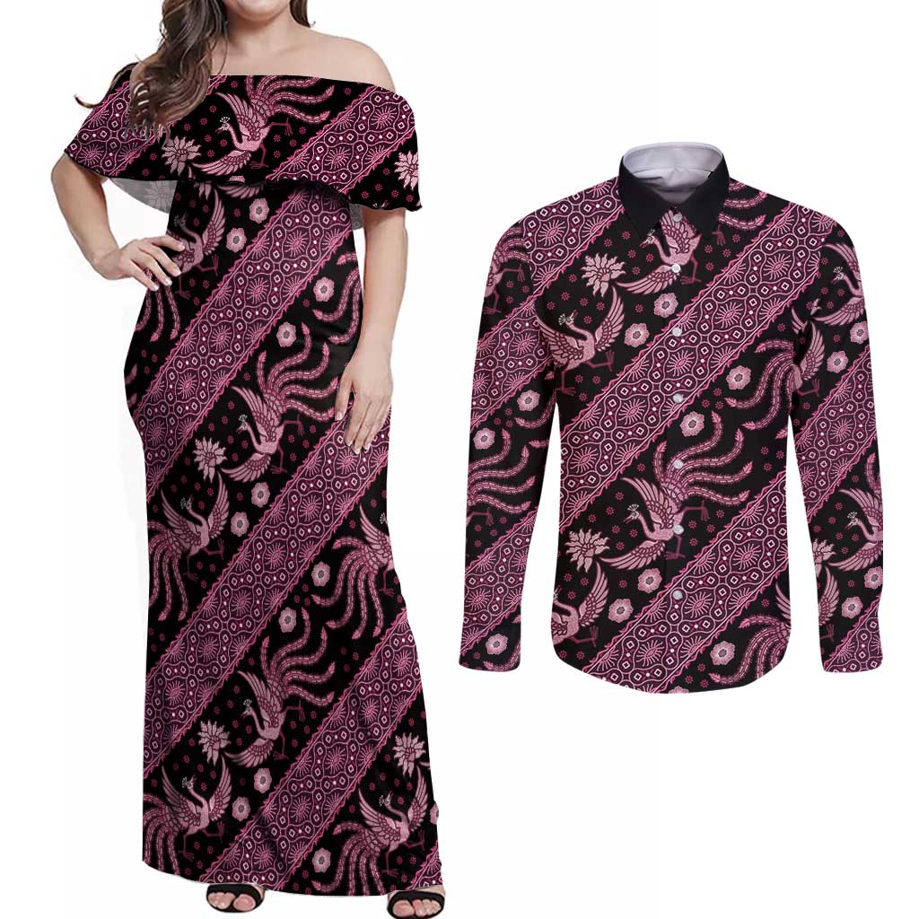 Indonesia Batik Pattern Couples Matching Off Shoulder Maxi Dress and Long Sleeve Button Shirt Pink Version