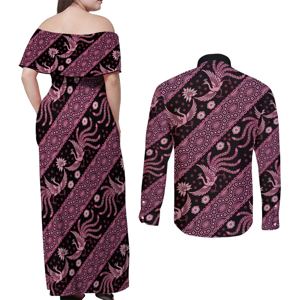 Indonesia Batik Pattern Couples Matching Off Shoulder Maxi Dress and Long Sleeve Button Shirt Pink Version
