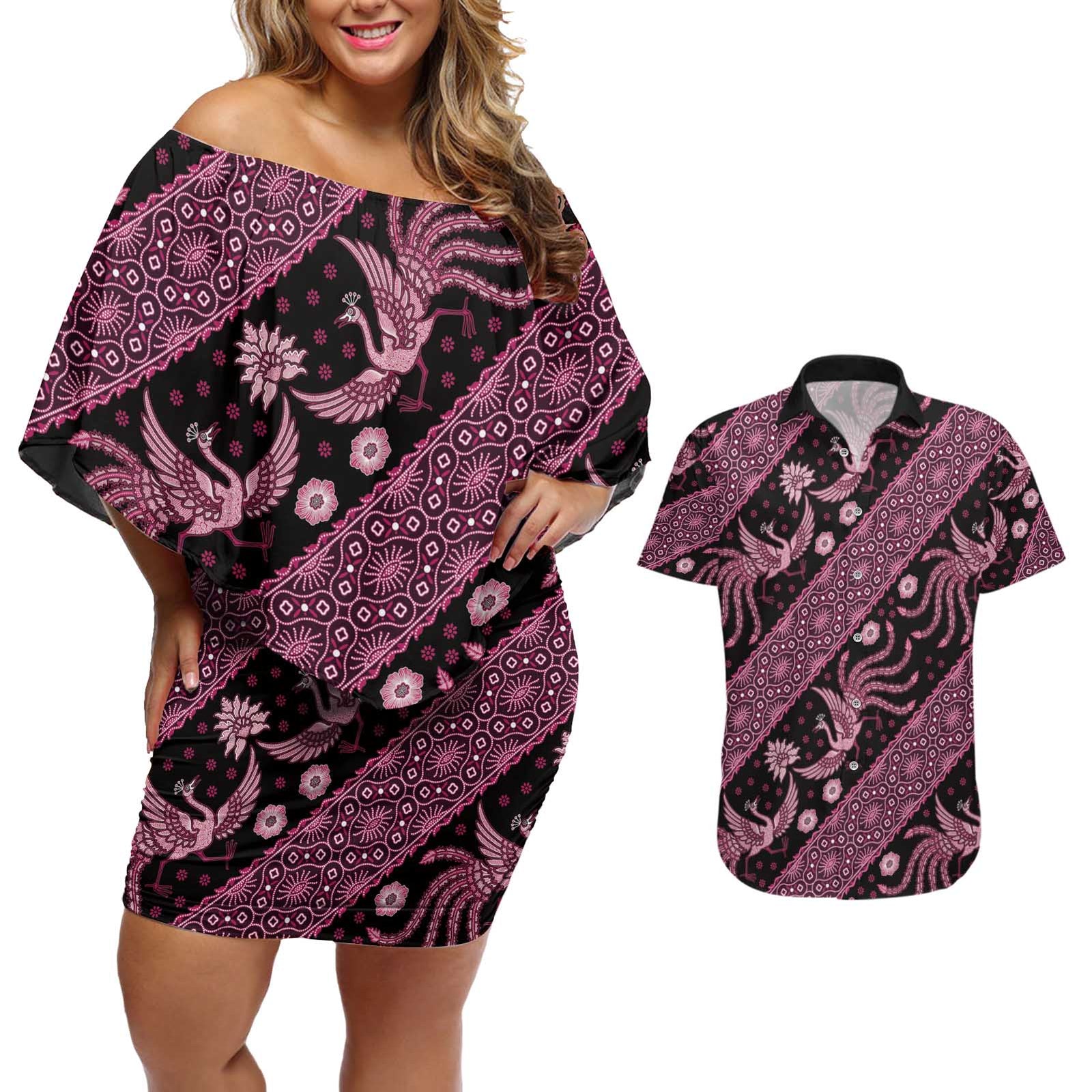 Indonesia Batik Pattern Couples Matching Off Shoulder Short Dress and Hawaiian Shirt Pink Version