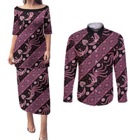 Indonesia Batik Pattern Couples Matching Puletasi and Long Sleeve Button Shirt Pink Version