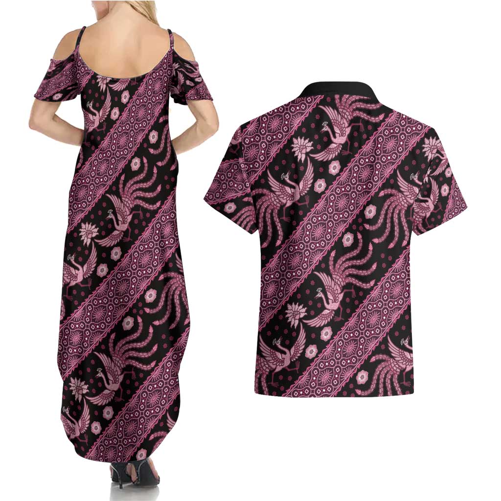 Indonesia Batik Pattern Couples Matching Summer Maxi Dress and Hawaiian Shirt Pink Version