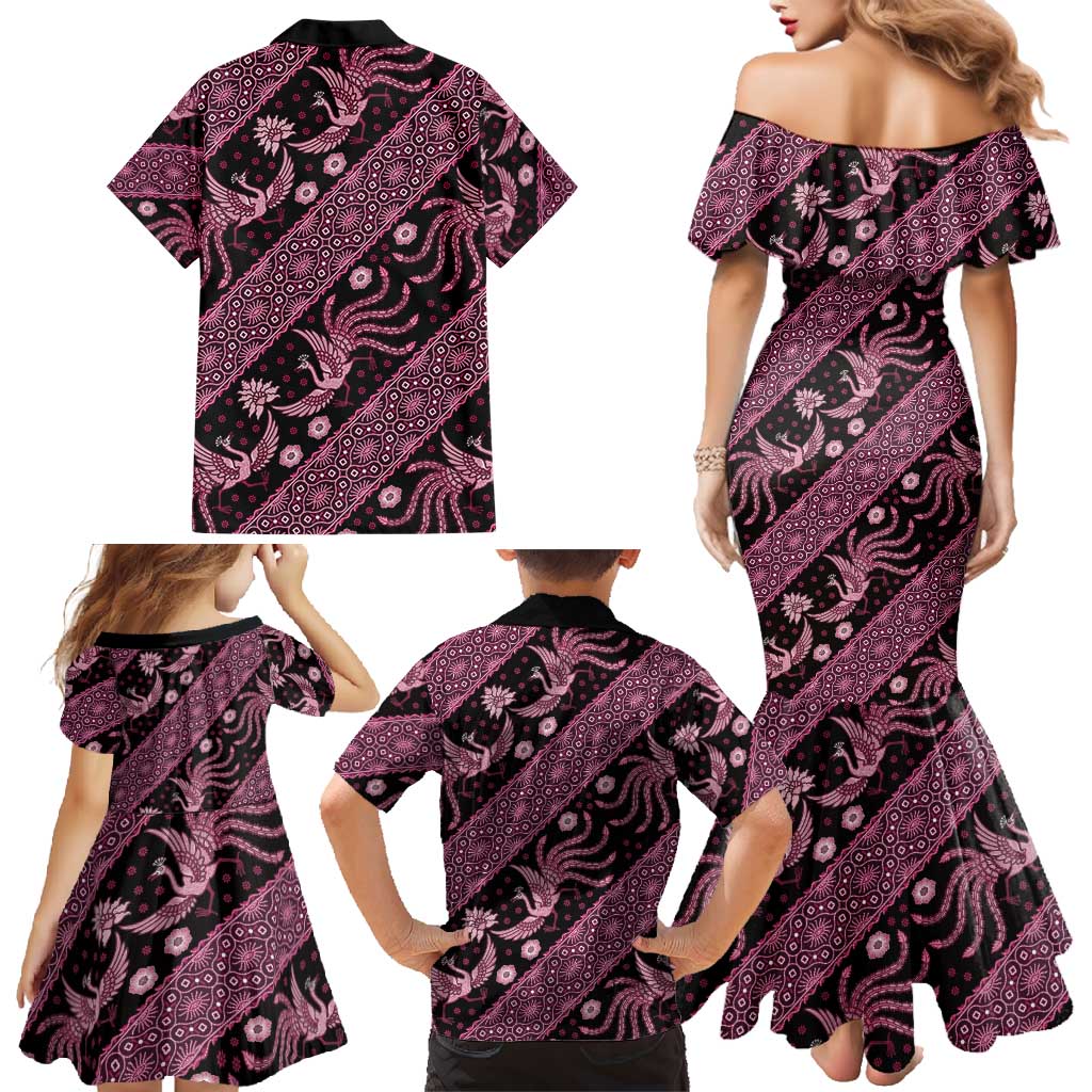 Indonesia Batik Pattern Family Matching Mermaid Dress and Hawaiian Shirt Pink Version