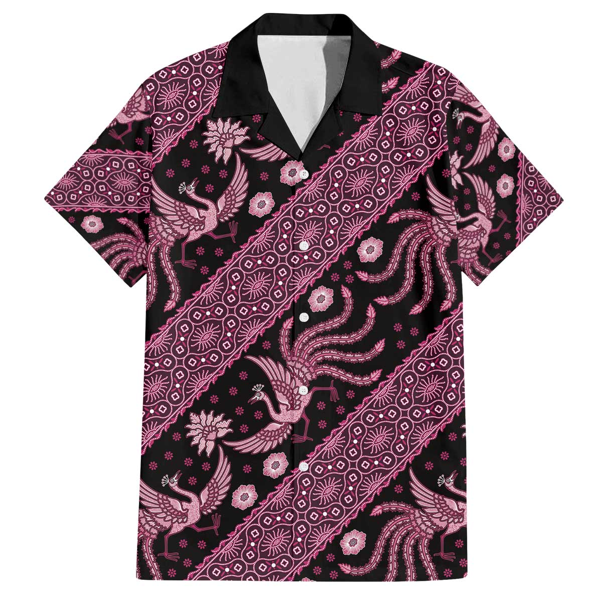 Indonesia Batik Pattern Family Matching Off Shoulder Short Dress and Hawaiian Shirt Pink Version